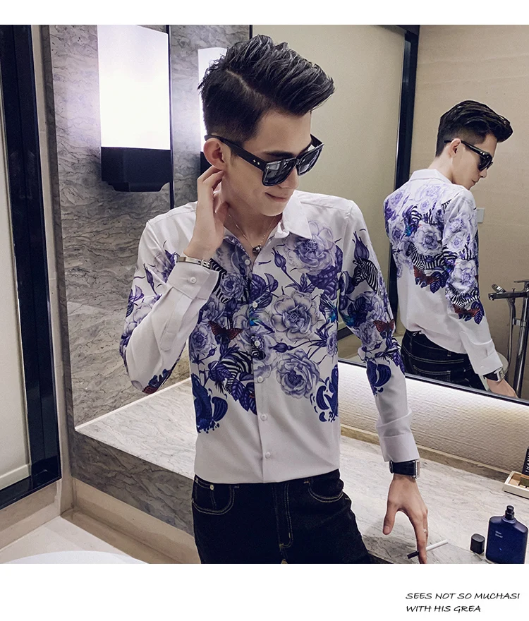 Camisa Masculina цифровой принт мужские рубашки с длинным рукавом Осень мужские рубашки с цветочным узором повседневные приталенные рубашки для ночного клуба homme 3XL