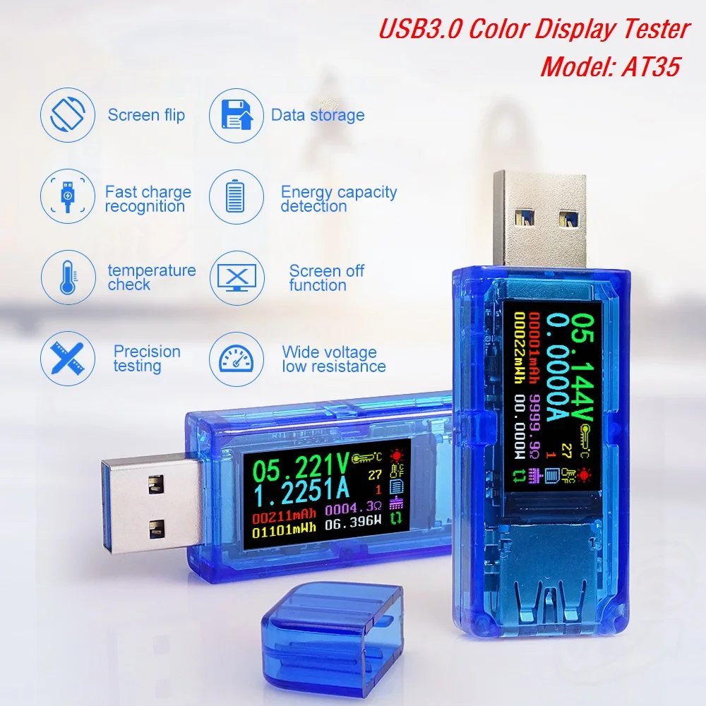 

AT35 USB 3.0 Color LCD Voltmeter Ammeter Voltage Current Meter Multimeter Battery Charge Power Bank USB Tester