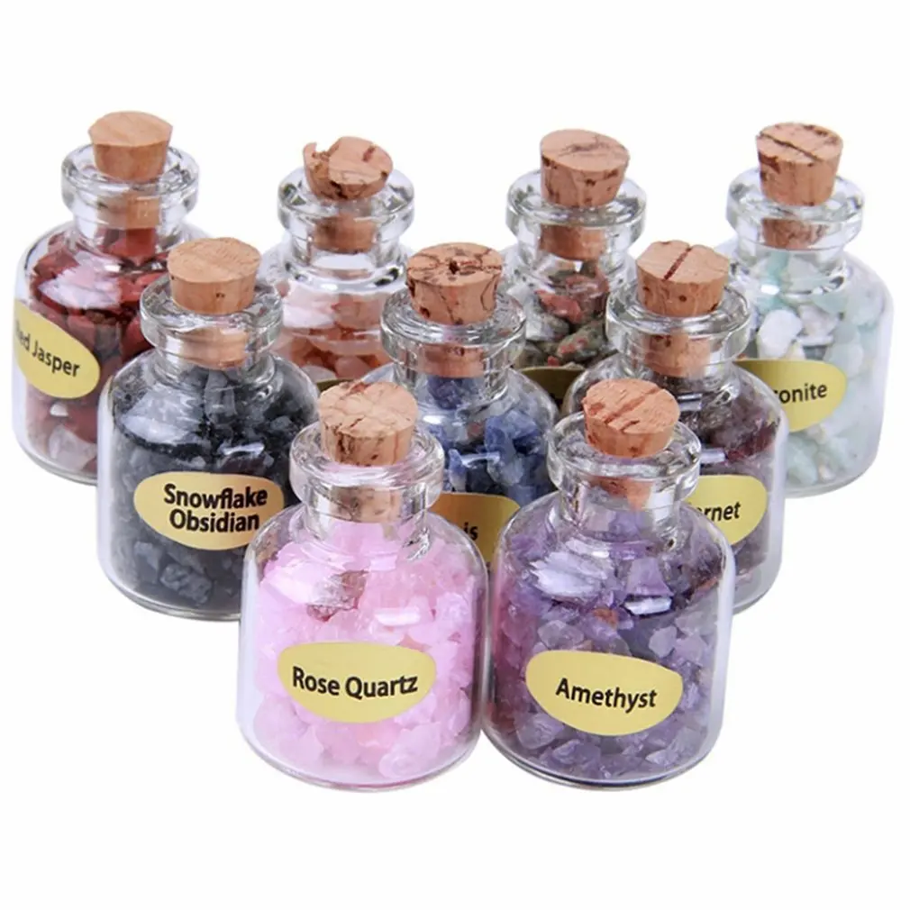 

9PC Mini Glass Wishing Bottles Natural Chip Stones Healing Crystal Decoration Lucky Drifting Bottle Birthday Gifts for friends