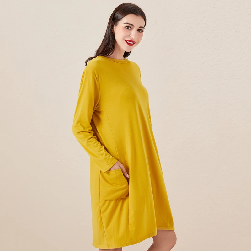 

Fall Winter Woman Dress Loose Casual O Neck Solid Color Long Sleeve Dress Fashion Vintage Oversize Pockets Dresses For Women