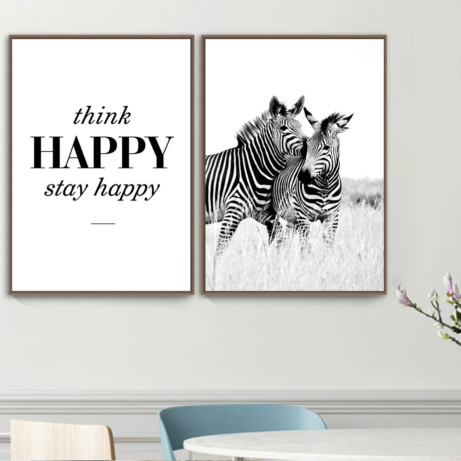 Зебра Happy котировки Wall Art Холст Картина Nordic Плакаты и принты черный белый цвет