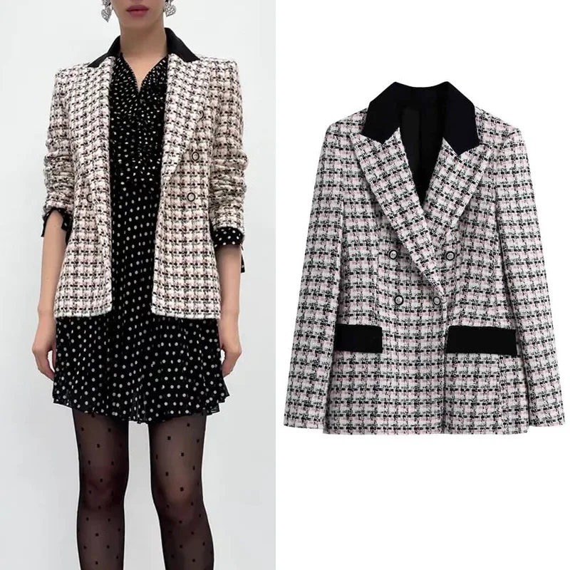 

KUMSVAG Women Autumn ZA Casual Plaid Blazers Coats 2021 Fashion Veins Double Breasted Female Elegant OL Blazer Outerwear Clothes