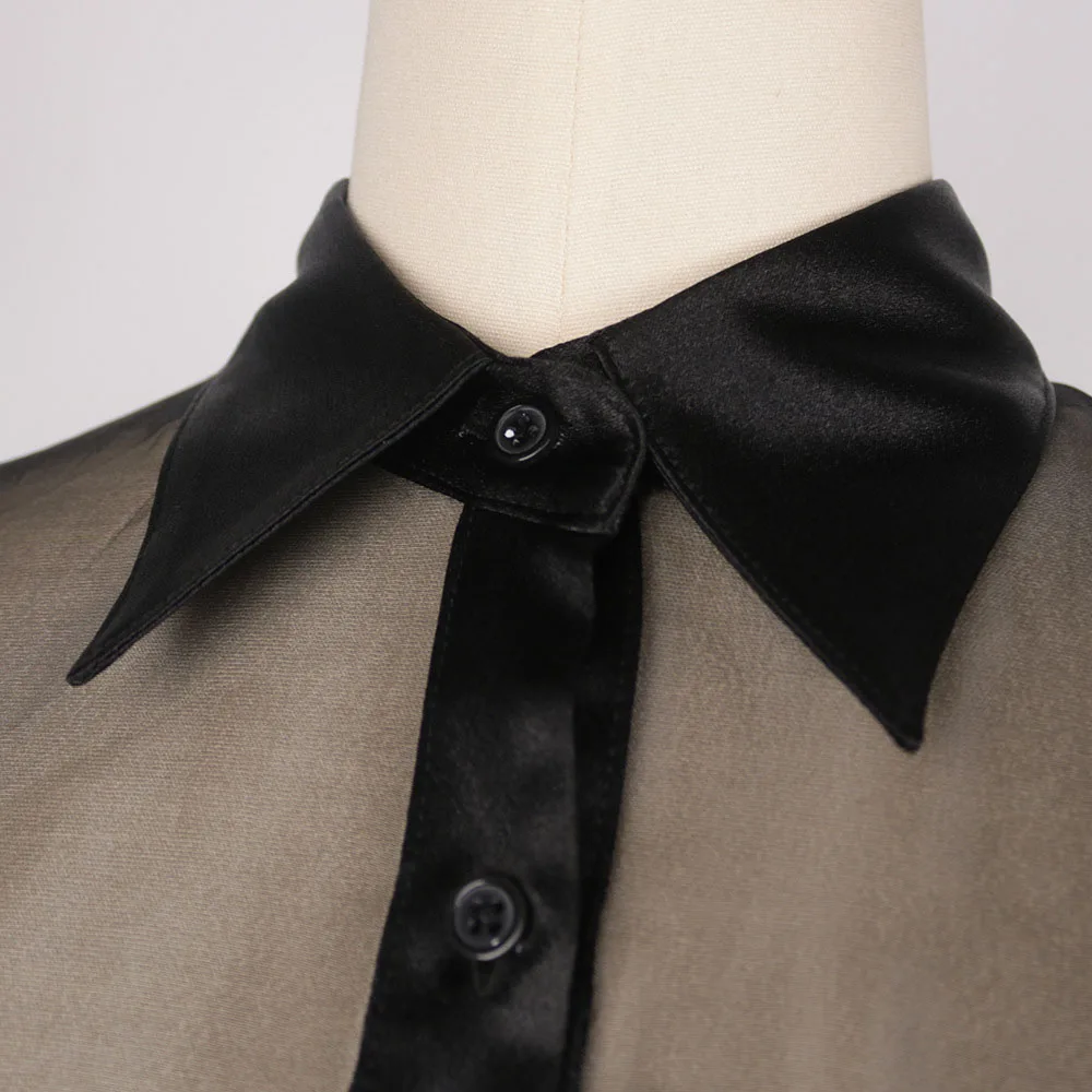 

Shirt Dress With Long Sleeves Sexy Sheer Mesh Ruffles Woman Transparent High Waist Belted Ladies 2021 Spring Summer Maxi Dresses