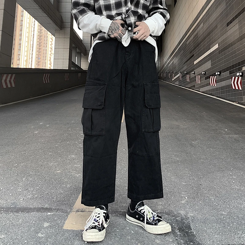 

2020 Spring and Autumn new trend ins retro solid color casual overalls pocket loose student straight sports