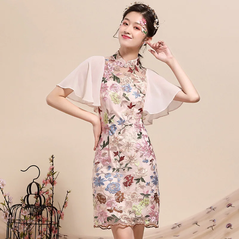 

Vintage Dress Woman Summer 2021 New Flowers Embroidered Stand Collar Butterfly Sleeves Slim Short Fine Party Dress Above Knees
