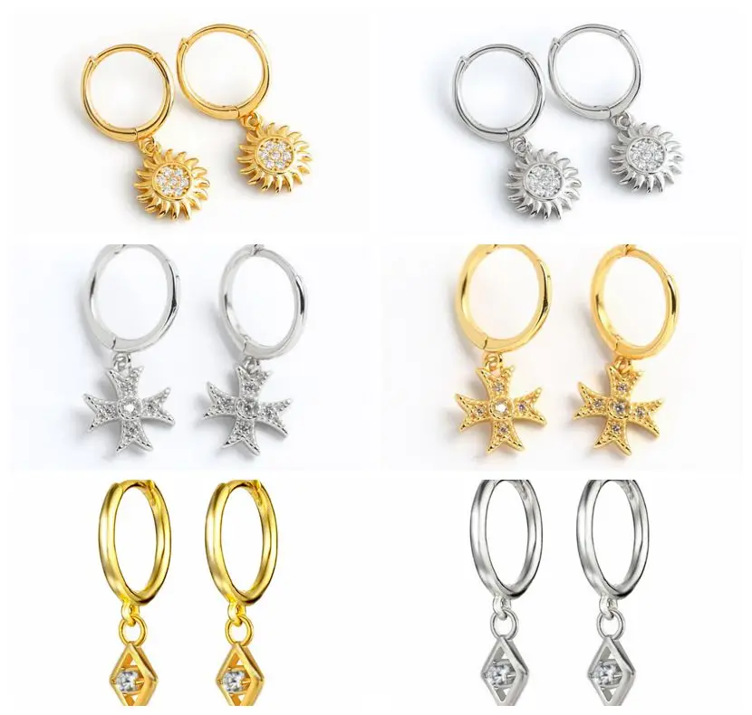 

925 Sterling Silver Star Light Drop Earring Piercing Ohrringe Circle CZ Zircon Pave Pendiente Loops Round Women Jewelry Gift