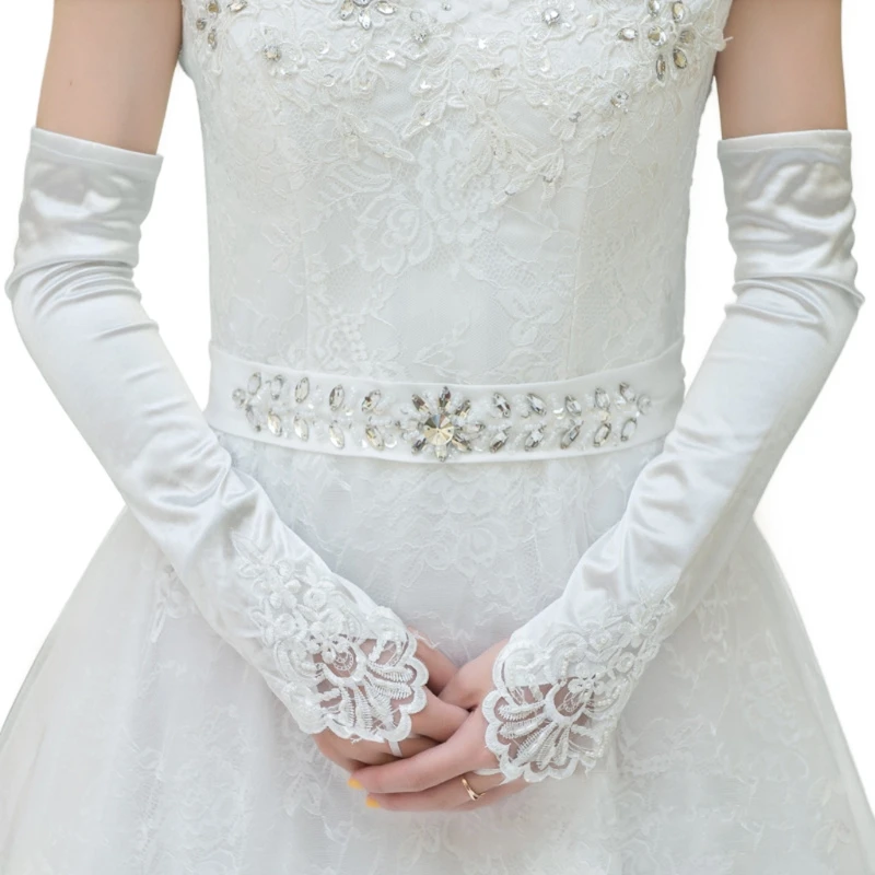 

Womens Bridal Long Gloves Fingerless Embroidery Lace Trim Beaded Sequins Wedding 2022