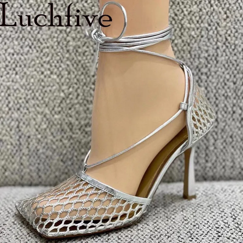 

Mesh Square Toe Sandals High Heels Party Shoes Lace Up Summer Shoes Woman White Genuine Leather Sandals Mujer
