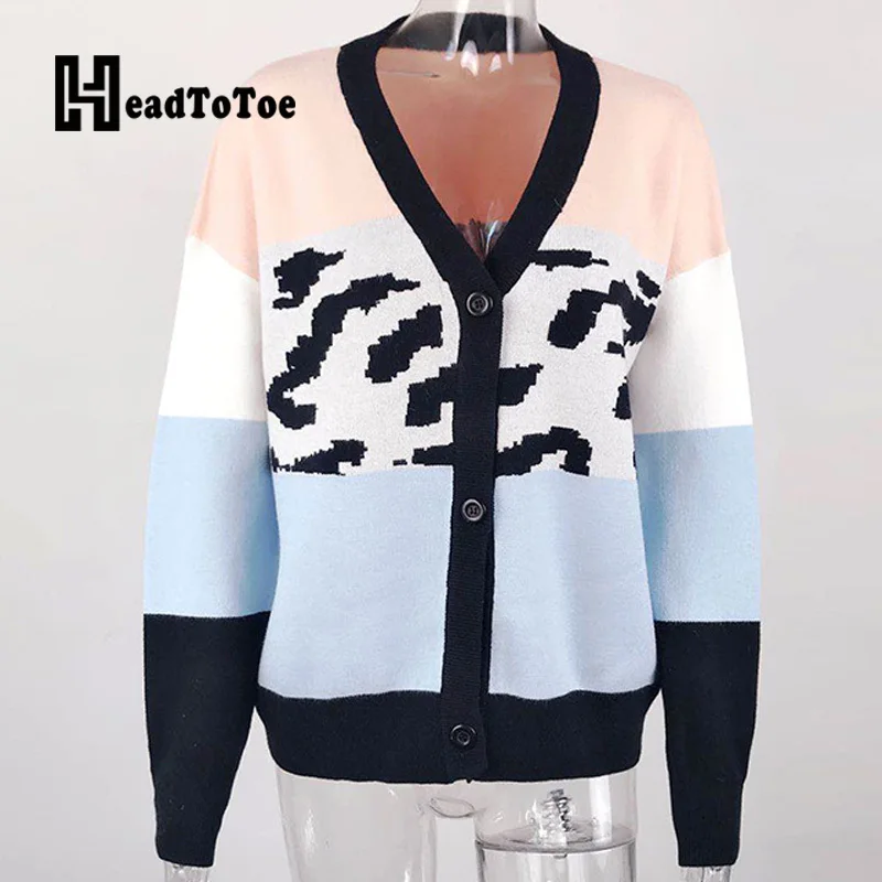 

Leopard Print Colorblock Buttoned Cardigans Women Long Sleeve V Neck Loose Casual Knitted Sweater Tops