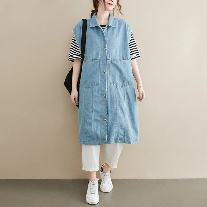 

Distressed denim vest jacket female spring summer 2021 new mid-length large size fashion casual vest waistcoat jacket s585