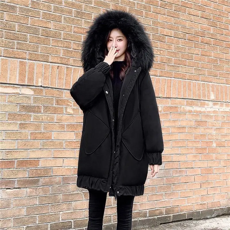 

Winter Parka Fur Oversized Cotton Jacket 2021 Women's Hooded Loose Warm Long Puffer Coat Female Thicken Pocket Parkas for Women