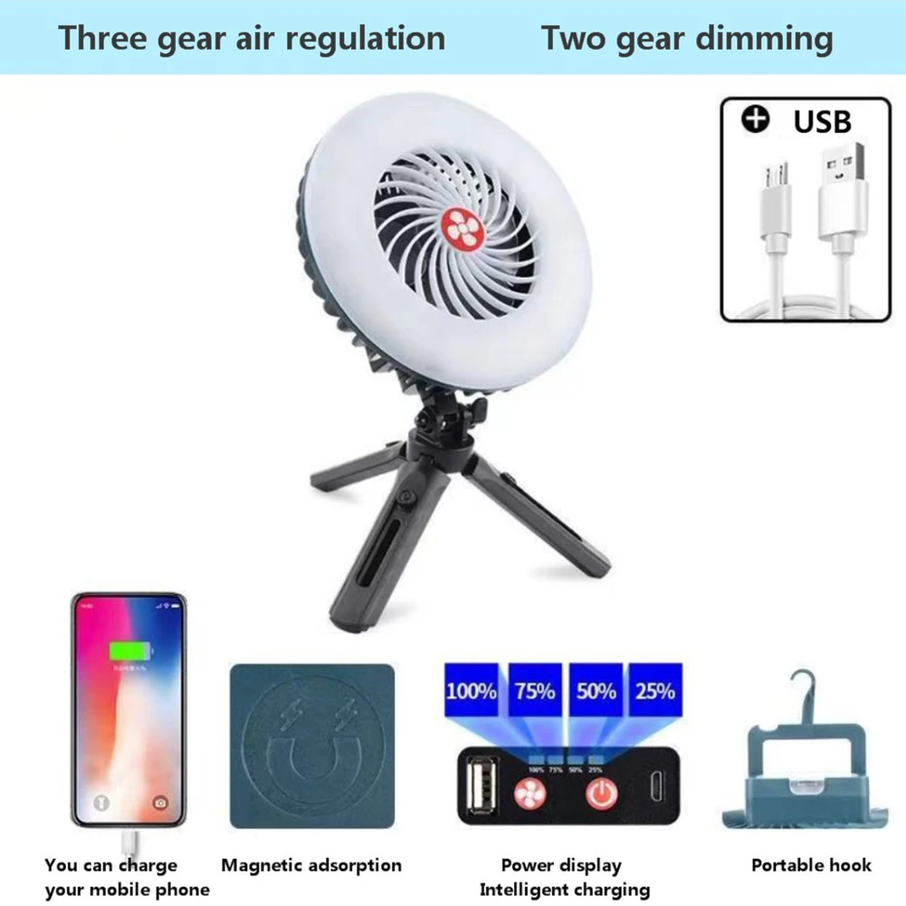 

Camping Lantern Tent Lamp with Fan Multifunctional LED Flashlight Tent Fan Power Bank Rechargeable Emergency Lamp Can be hung
