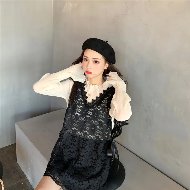 

Two Pieces Blusas Mujer De Moda Sweet Style Lace V-neck Ladies Tops Loose Fashion Brand Chiffon Shirts Sweet Style Autumn Tees