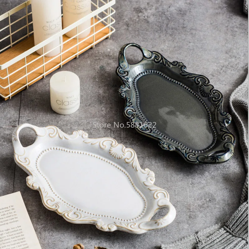 Christmas Ceramic Plate Western White Dish Tableware Embossed Double Ear Tray With Kiln Glaze Dinnerware Brown Fish | Дом и сад