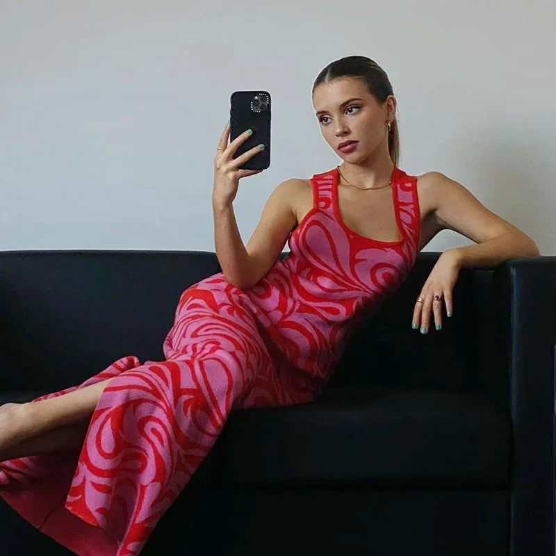 

Backless 2021 Summer Y2K Midi Knit Dress Women Sleeveless Pink Off Shoulder Beach Split Party Sexy Bodycon Dresses 100% Viscose