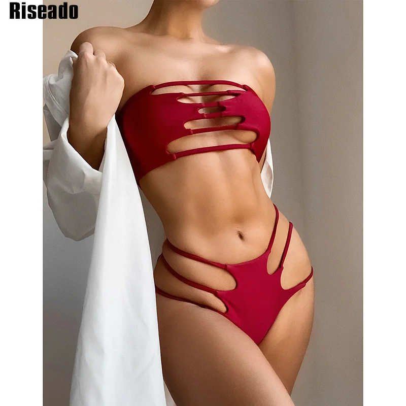 

Riseado Cut Out Sexy Bikini Women's Swimsuit High Waist Swimwear Women 2021 Bandeau Bikini Set Solid Bathing Suit Summer Biquini