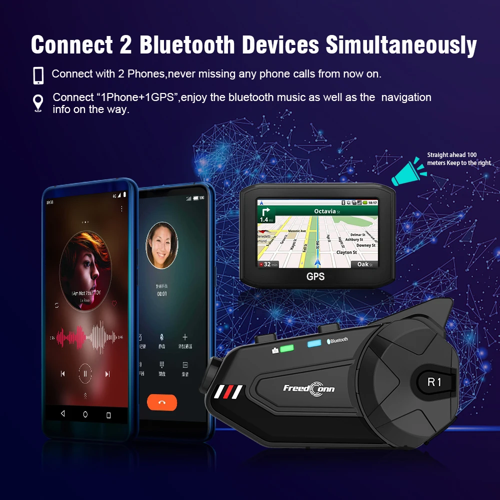 Переговорное устройство для мотоциклетного шлема R1 Plus 1500 м Bluetooth 6 водителей Wi-Fi