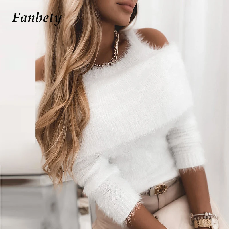 

Elegant Women Sexy Off Shoulder Hollow Shirts Sweaters 2021 New Solid Warm Knitted Tops Sweater Autumn Winter Lady Chic Pullover