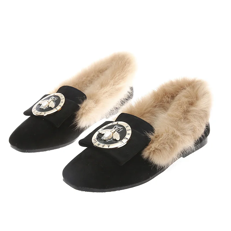 

Genuine Leather Wool Winter Flat Shoes Woman Warm Snow Boots Ladies Fur Ankle Boots Plus Size Bee Fashion Moccasins Footwear new
