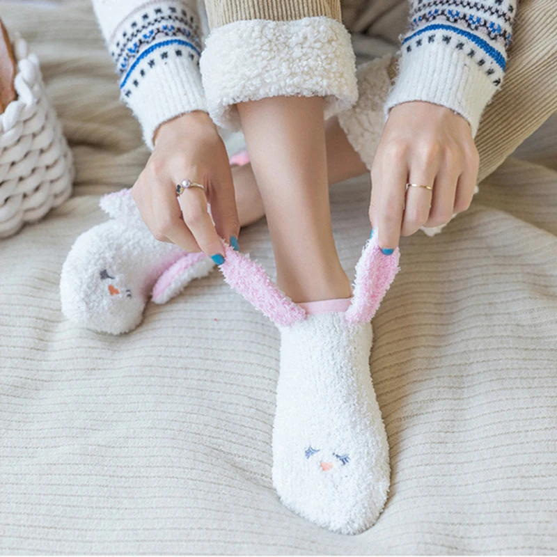 Cute Coral Fleece Socks Women Winter Warm Boat Socks Floor Silicone Non-slip 3D No Show Short Animal Socks Female Home Calcetine