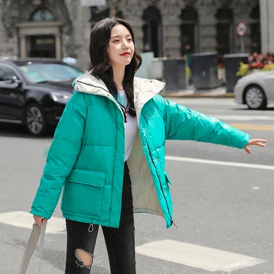 

New fall/winter 2019 fashion down jacket with big pocket, loose white duck down jacket