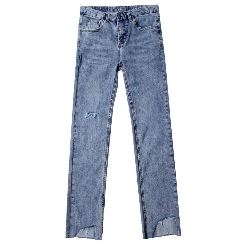 

Irregular Ripped Straight Denim Pants for Women Summer Autumn Streetwear Cropped Retro High Waist Ankle Length Jeans