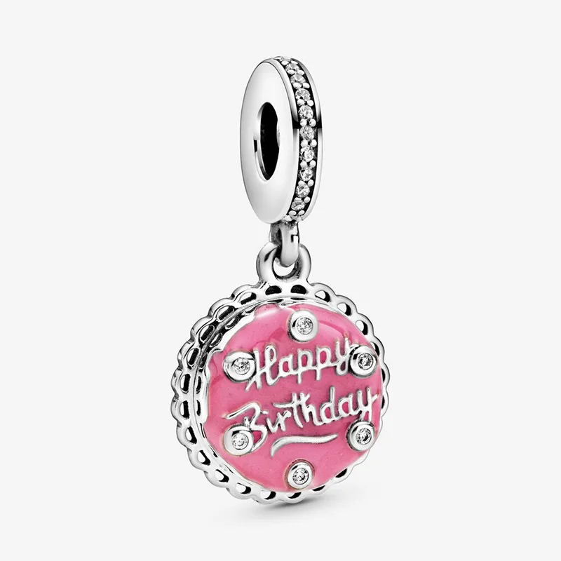 

925 Sterling Silver Pink Happy Birthday Cake Dangle Charm Fit Original Pandora Beads Bracelet Jewelry Birthday Gift Girlfriend