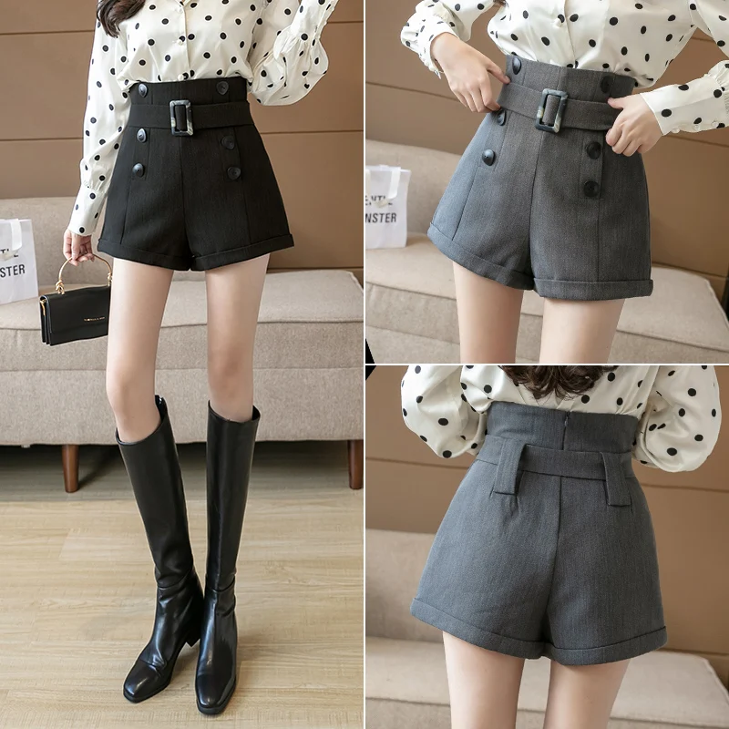 

Fashion Streetwear High Waist Shorts For Women Autumn and Winter Thicker Short Femme Double Buttons Belt Wide Leg Woman Shorts
