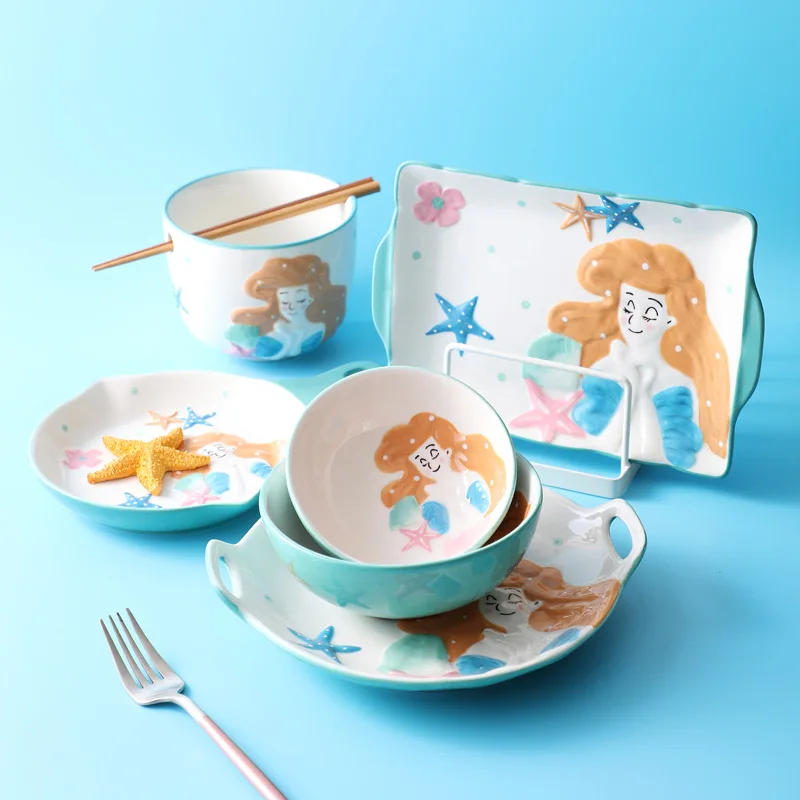 

Fashion Mermaid Pattern Kitchen Tableware Salad Bowls Barbecue Cheese Baked Rice Baking Pan Free Shipping Items
