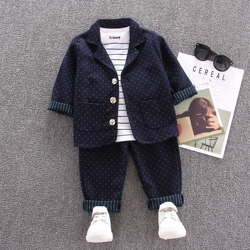 309293 navy Г. Костюм Джентльмена для мальчиков, куртка, футболка и штаны комплект из 3 предметов, одежда в горошек для мальчиков Свадебный костюм с длинными рукавами осенний костюм красный, серый - Цвет: 309293 navy