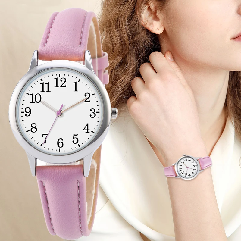 

Japan Movement Women Quartz Watch Easy to Read Arabic Numerals Simple Dial PU Leather Strap Lady Candy Color
