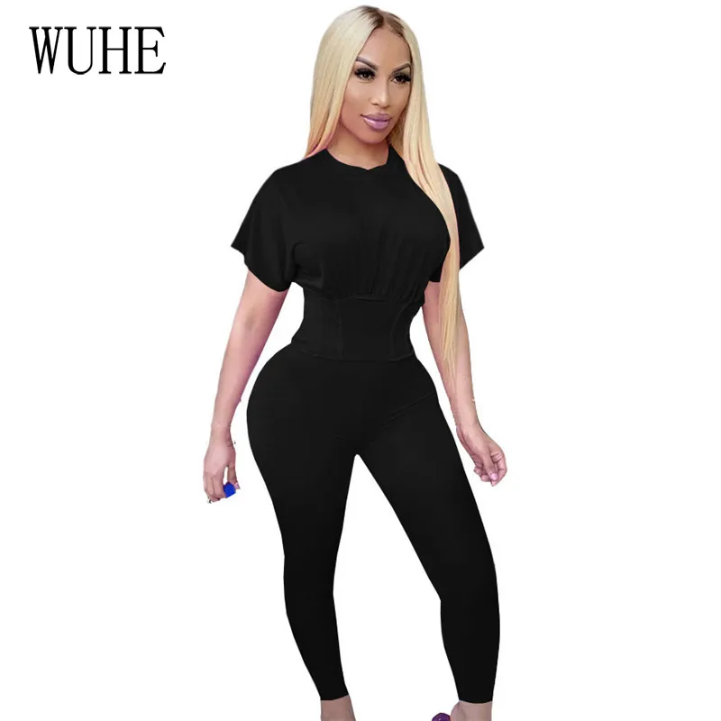 

WUHE Two Piece Sets Short Sleeve O Neck T Shirt and Skinny Pants Suits Simple Style Tracksuit Outfits Women Summer Streetwear