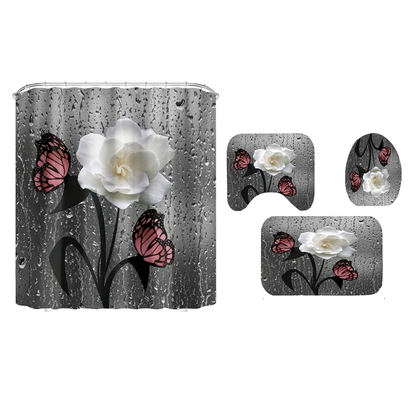 

3D Butterfly Flower Fabric Waterproof Shower Curtain Bathroom Curtains Set Flower Scenery Non-Slip Rug Toilet Lid Cover