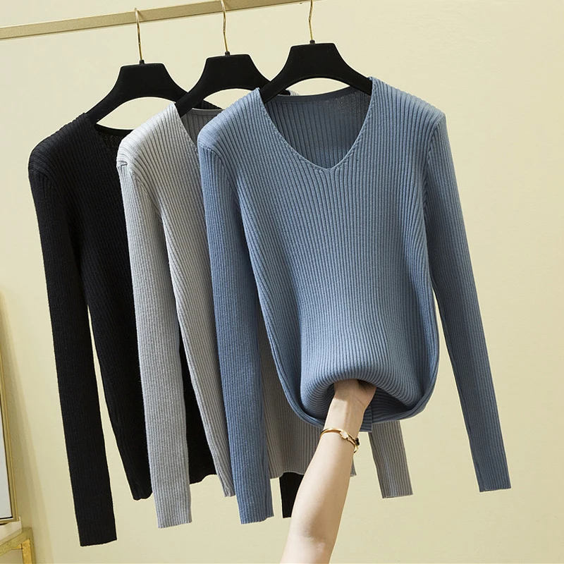 

Shintimes V-Neck Sweaters Women 2020 Autumn Winter Long Sleeve Sexy Slim Tops Solid Streetwear Knitted Korean Pullover Clothes