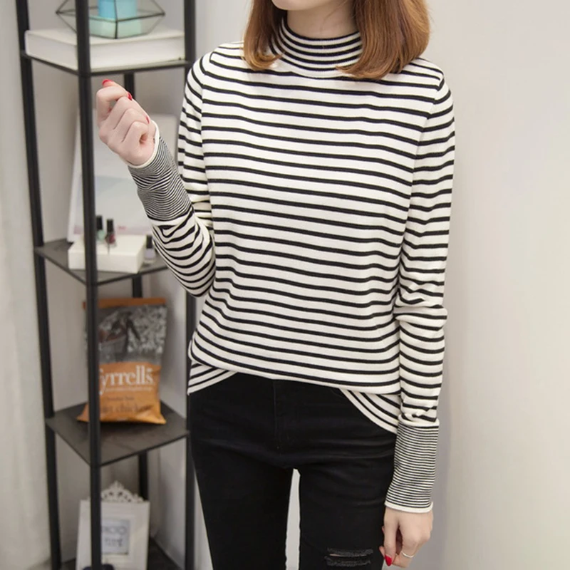 

Women office lady black and white striped sweater long sleeve half high collar casual pullover 2021 new fashion autumn sweater