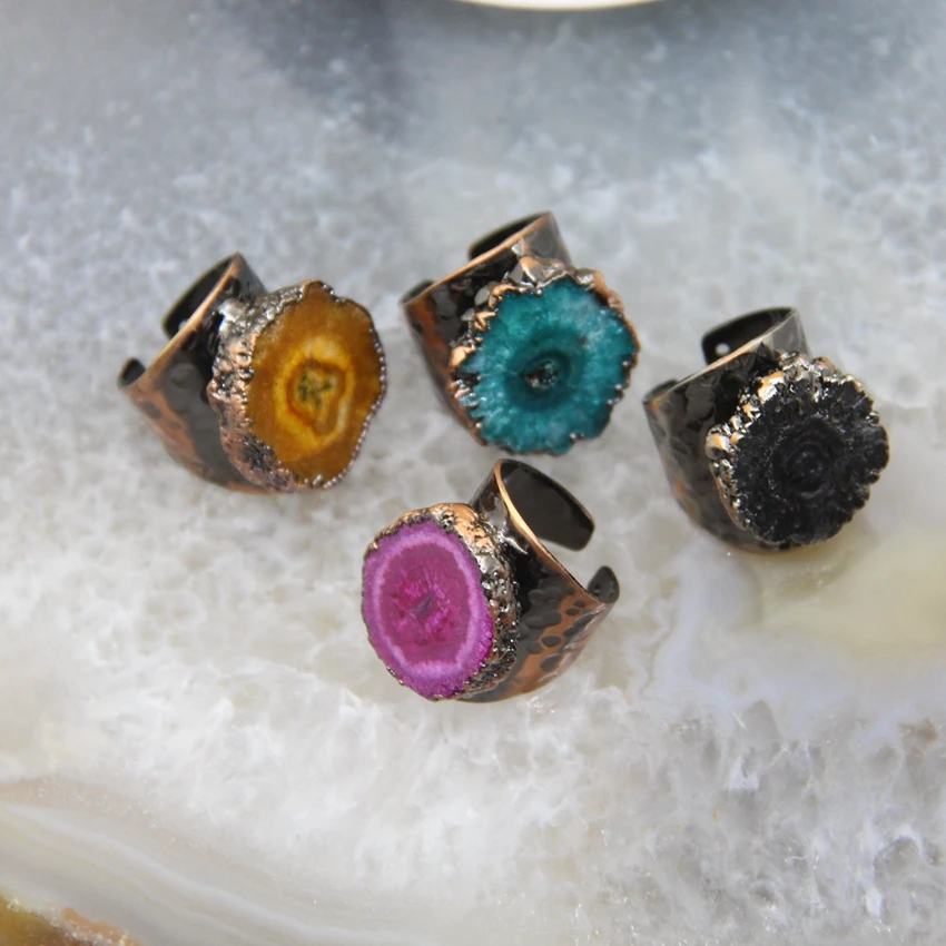 

5pcs/lot,Antiquity Bronze Sun Flower Druzy Geode Rings,Colourful Natural Quartz Drusy Stones Adjustable Copper Rings Jewelry