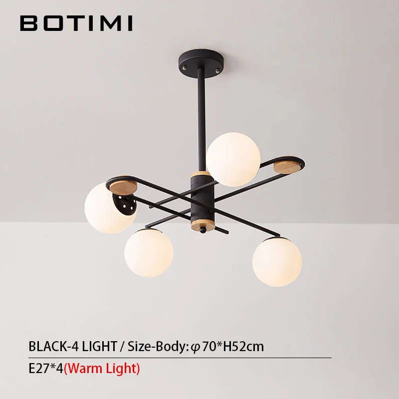 Black-4 Light BOTIMI Стекло шар светодиодный Люстра для Гостиная Творческий Спальня люстры подвесной металлический обеденный светильник деревянные дома деко лампы - Цвет абажура: Black-4 Light