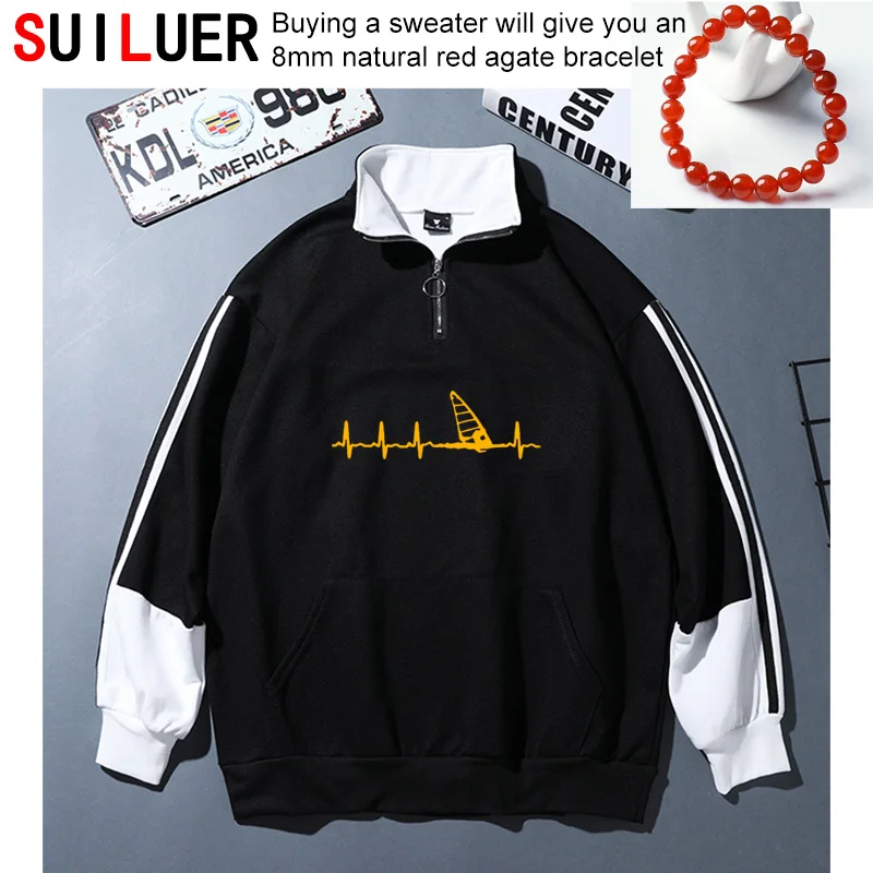 

Sweatshirts Fashion Autumn Spring New Women Men 100% Cotton Hoodies Windsurfing Heartbeat Stylisches Sports Print Pullovers