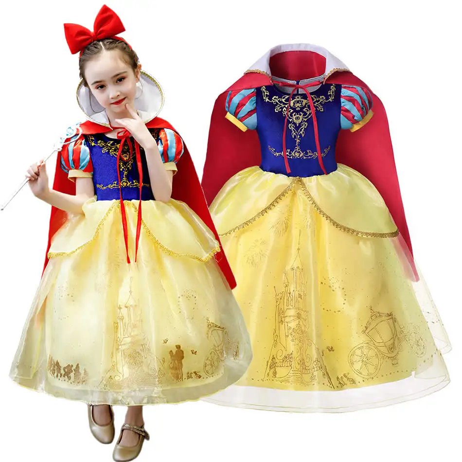 

MUABABY Deluxe Princess Snow White Costume Girls Puff Sleeve Layered Party Gown with Cloak Children Halloween Fancy Clothes