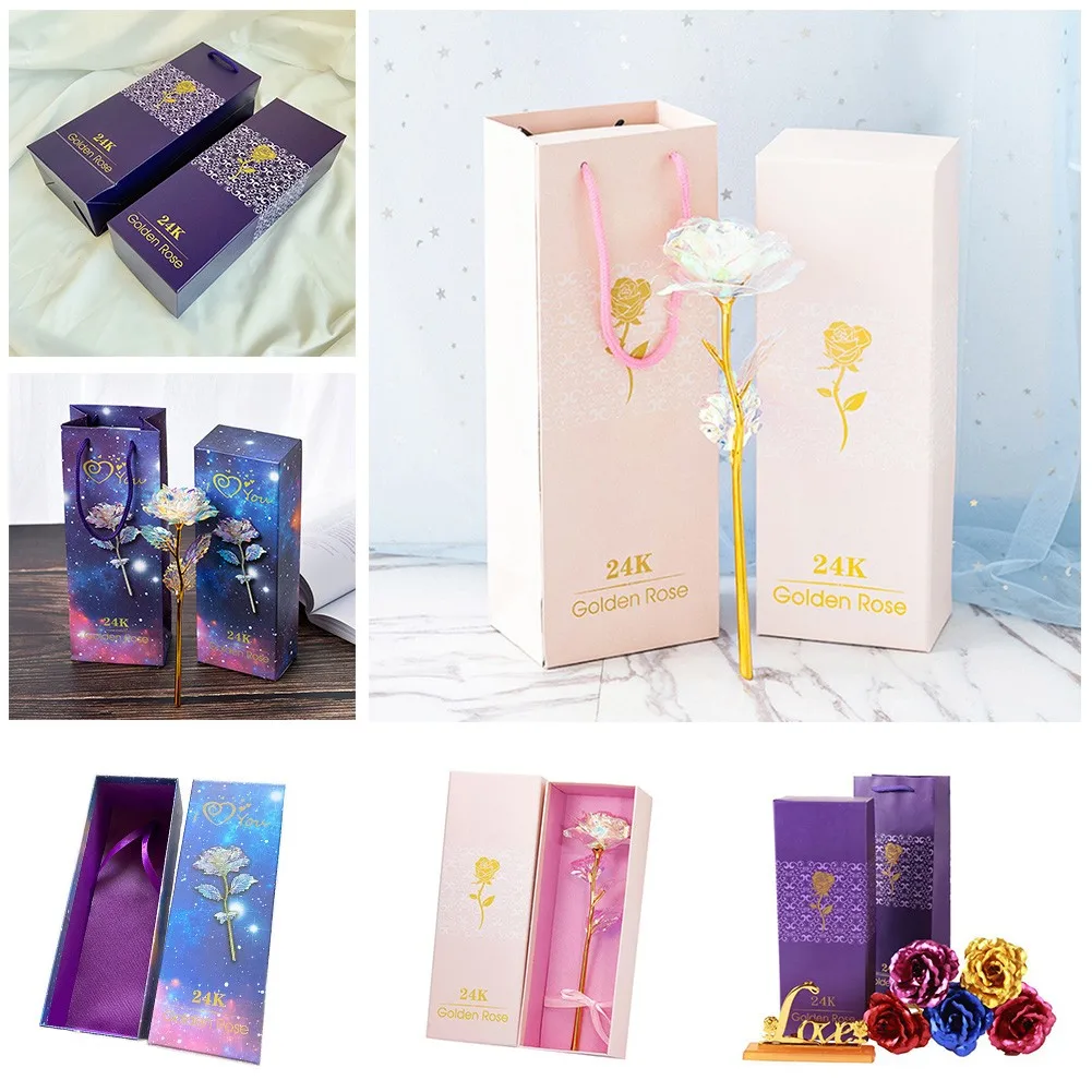 

24K Gold Foil Rose Flower Box Rainbow Valentine's Day Romantic Rose Gift Box And Handbag DIY Floral Wedding Gifts