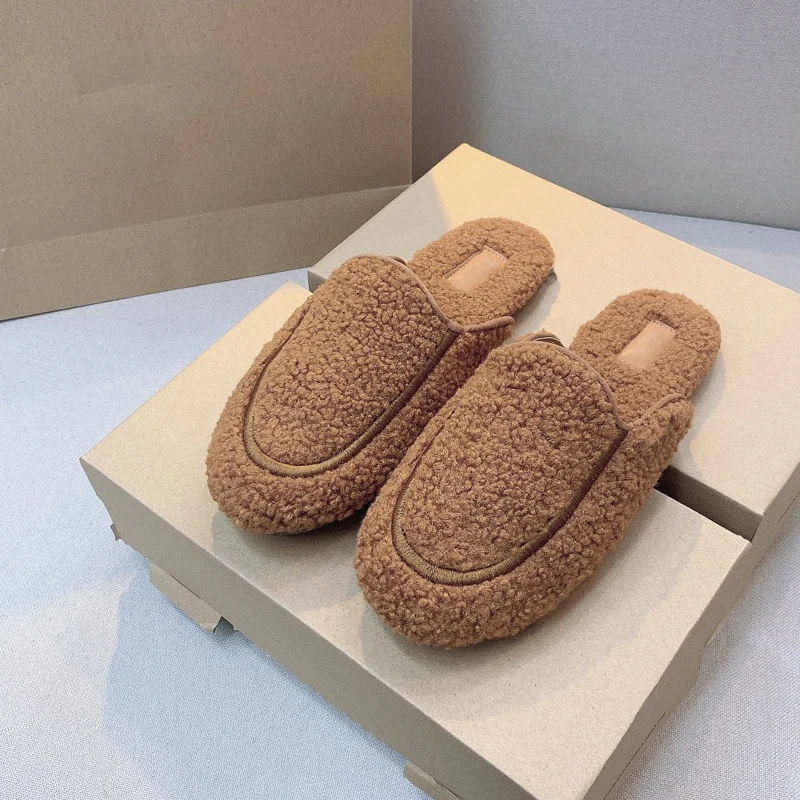 

Fluffy Slippers Luxury Brand Loafers Women's Muller Shoes Lazy Shoes Flat Slippers Lazy Flats Furry Slides Korean Fashion Shoes