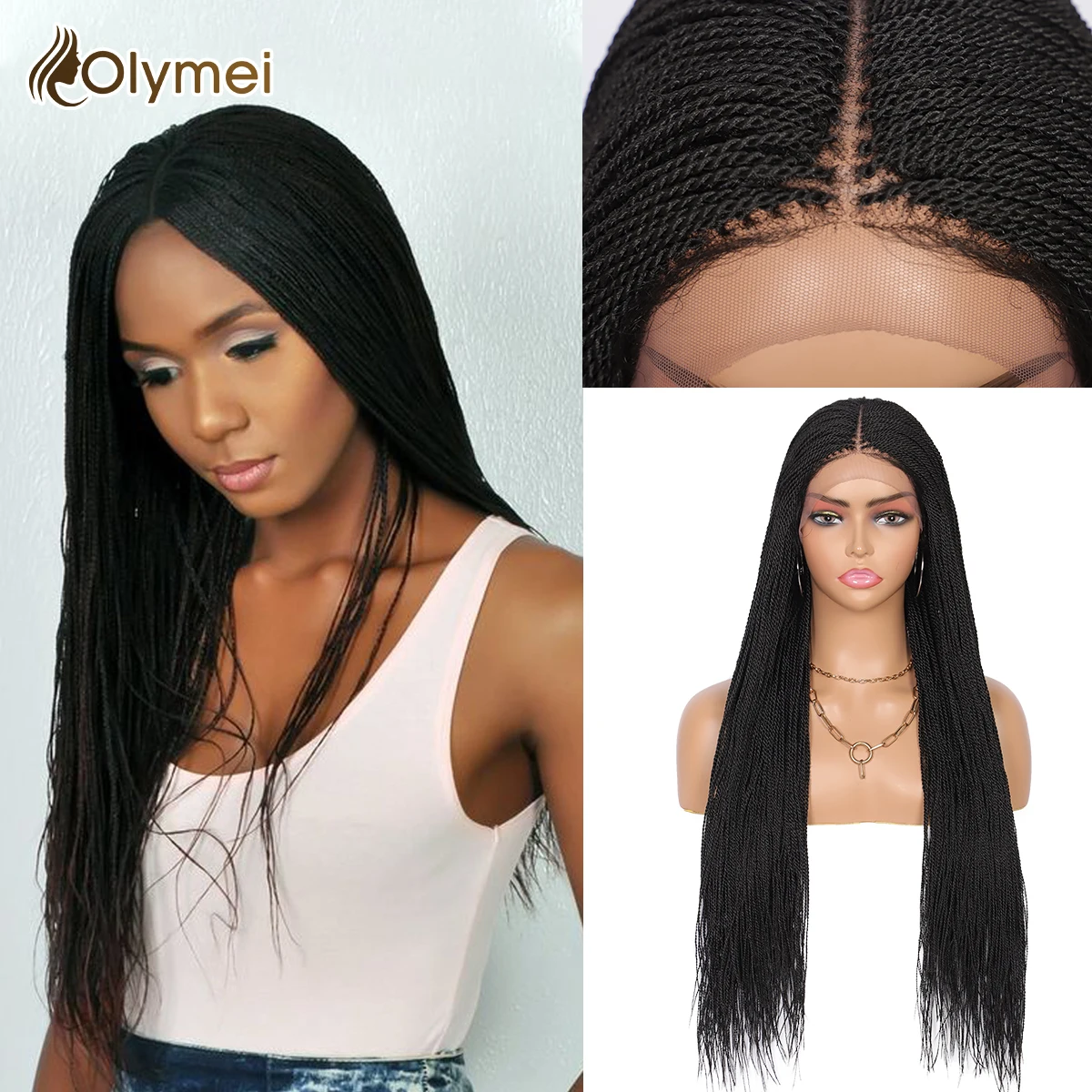 Olymei Synthetic Lace Front Micro Million Twist Braided Wigs with Baby Hair for Black Women Mid Part
