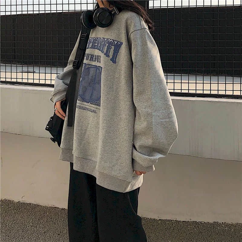 

2021 Spring and Autumn Women's Pullover Korean Loose Gothic Clothing Sportswear Retro Oversize Long Sleeve Round Neck Top
