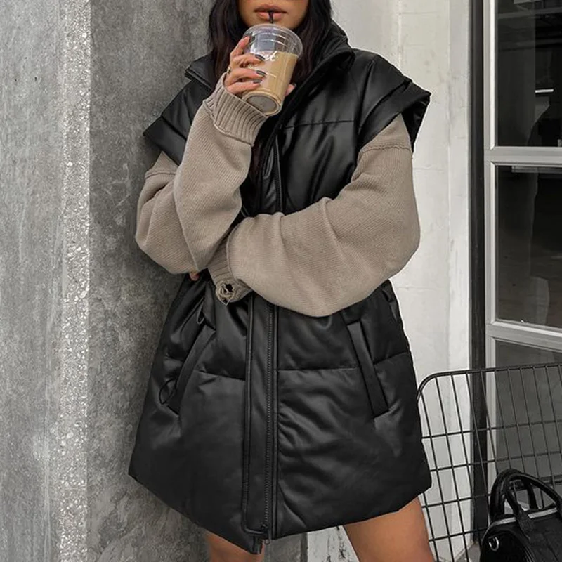 

Fashion Stand Collar Simple Vests Women Elegant Side Pockets Coats Women Faux Leather Solid Straight Long Vests Ladies