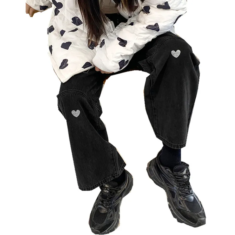 

2021 Spring and Autumn New Love Embroidered Jeans Women's Large Size Fat Girl High Waist Straight Loose Wide Leg Daddy Pants