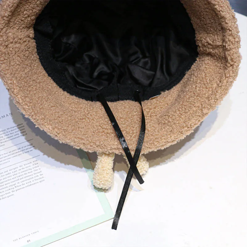 Hat Autumn Winter Women New Three-Dimensional Bear Bucket Hats Fashion Lmitate Lambswool Student Lovely Keep Warm Cap QDKPOTC