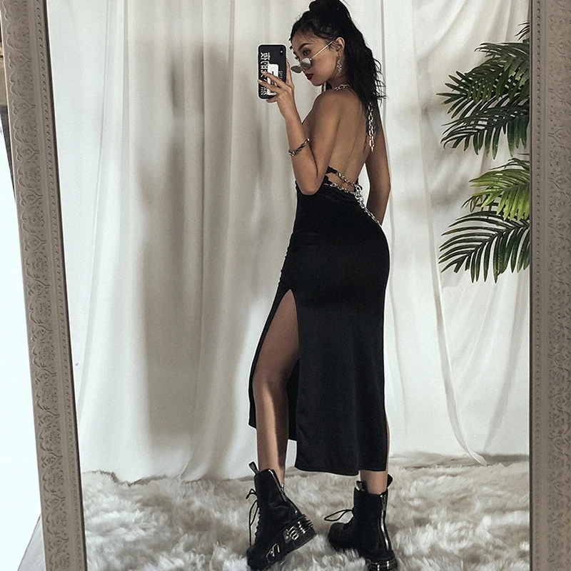 

SEASONS Black Fashion Chain Sexy Halter Backless Slit Dress Woman Mujer Summer Solid Midi Dresses Female ASDR80529