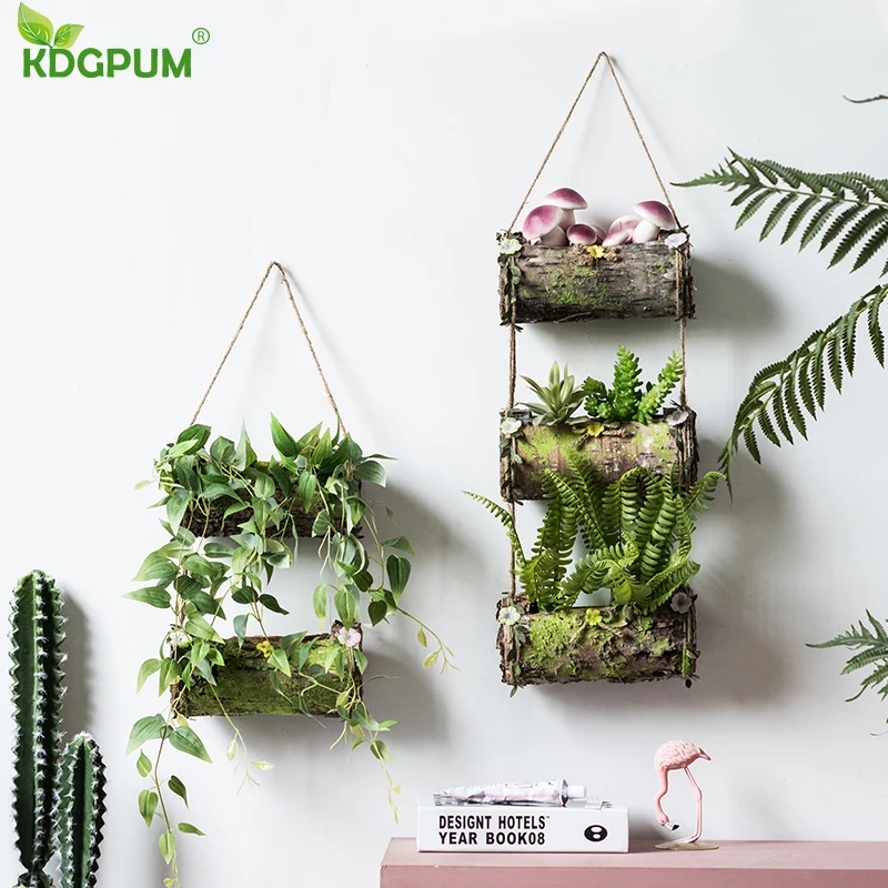 Household Wall Hanging Flower Pot Natural Bark Flower Pot Handmade Hemp Rope Bow Vertical Flower Pot Creative Wall Decoration
