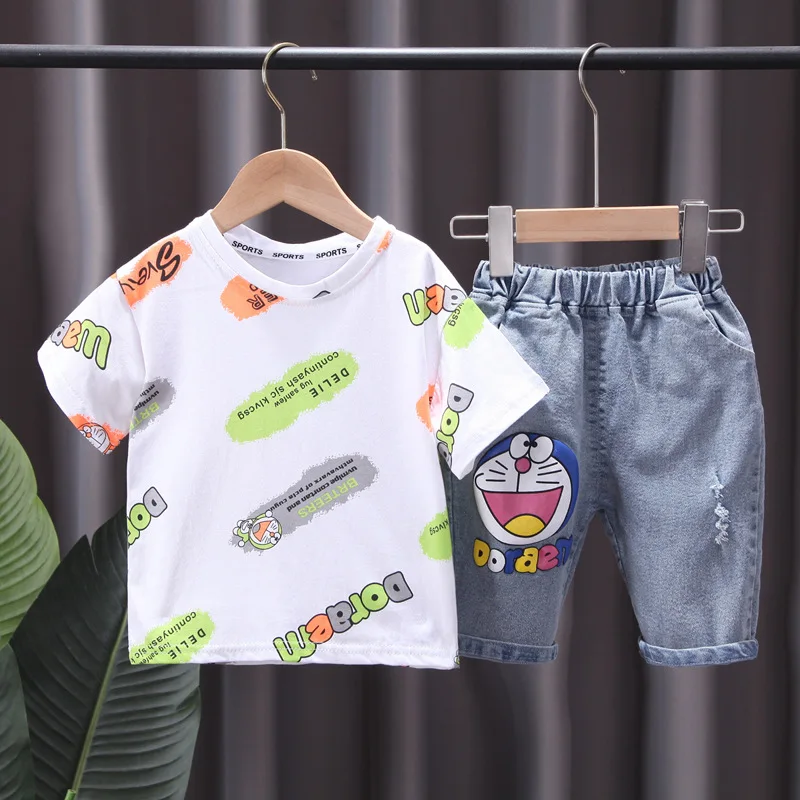 

Toddler Boys Cute Cartoon Printing Clothes Sets Summer 2021 Kids Girls Fashion Letter T-shirt+ripped Jeans Baby Infant Outfits