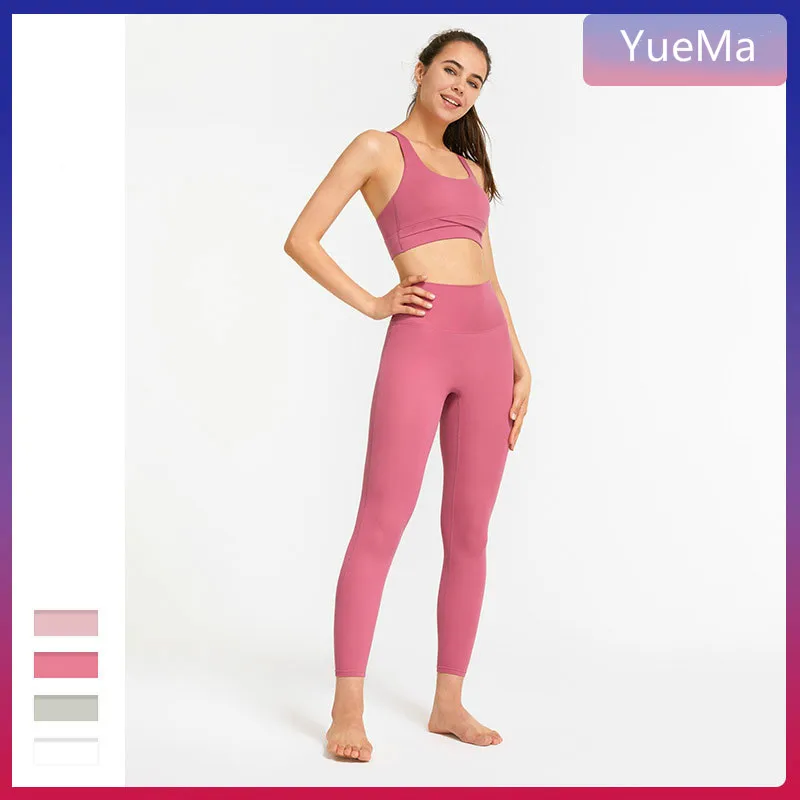 

high waist spandex sports bra set yoga pants hot pink workout woman fitness set